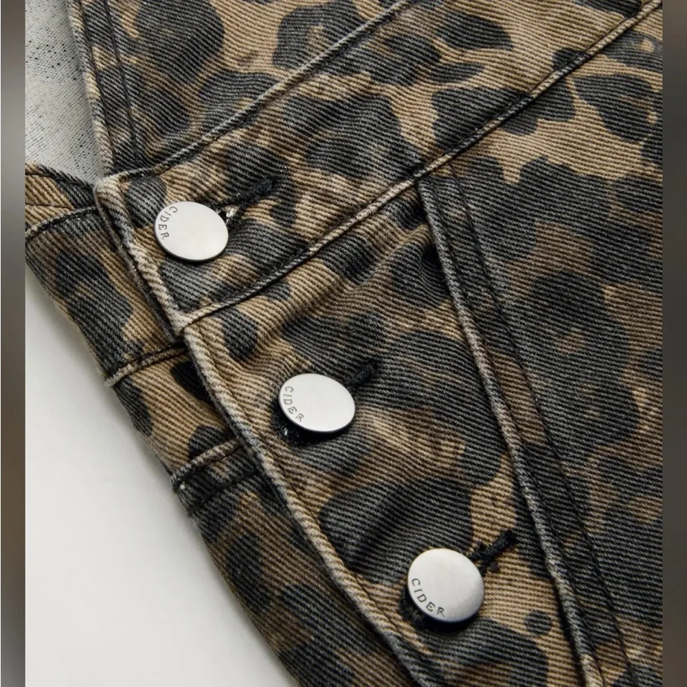 Cider DENIM LEOPARD POCKET BUCKLE UP WIDE LEG OVERSIZED JUMPSUIT XL cr23-9